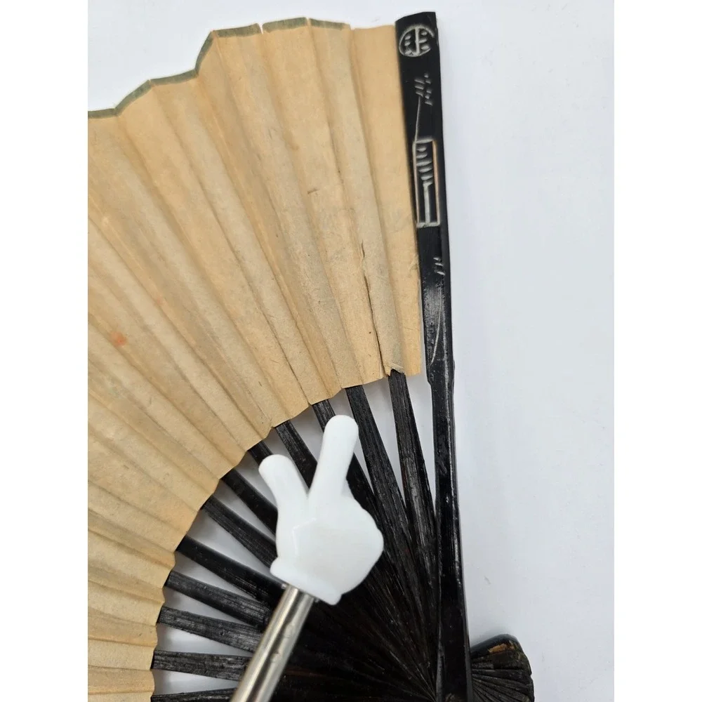 3 Lot Matching VTG Chinese Folding‎ Hand Fans Handmade Painted Rice/Bamboo Paper - Picture 10 of 16